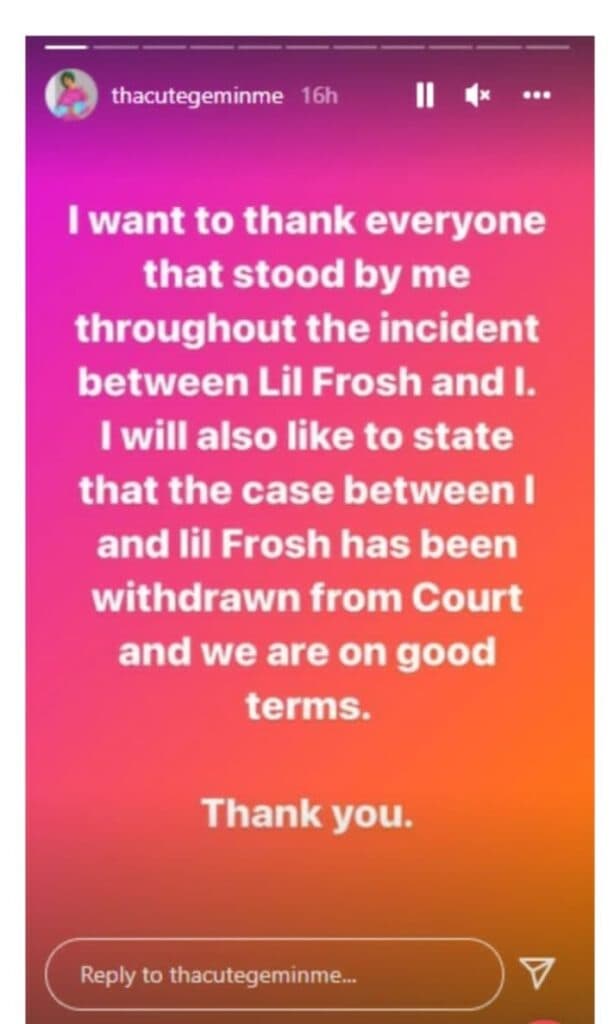 Okeoghene lawsuit via Instagram story