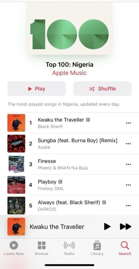 Black Sherif Is number one on Apple Music Nigeria